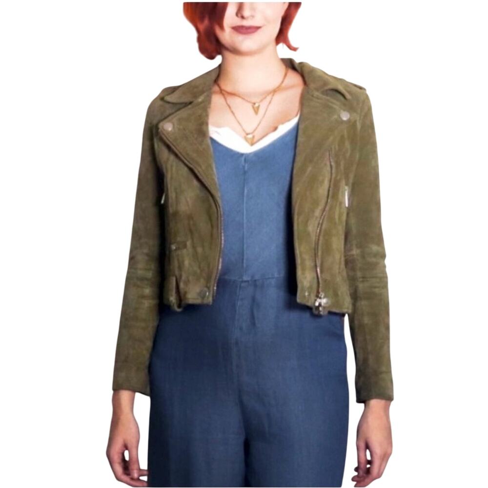 BLANK NYC- Genuine Suede Olive Green Moto Biker Jacket Size XS Missing Belt